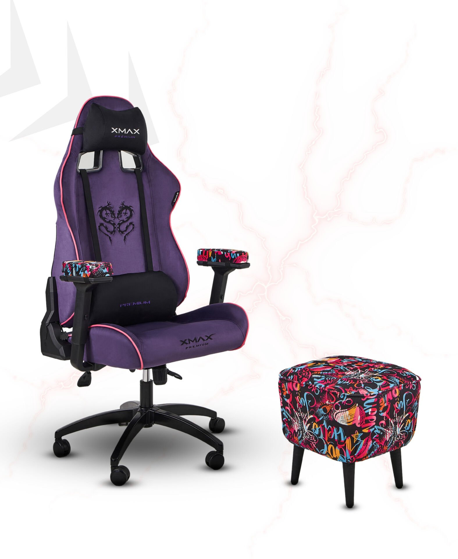 XMAX / Rio Plus Mor Kumaş Oyuncu Koltuğu - Ayak Uzatmalı Puf - Kol Pedi 3'Ü BİR ARADA PAKET