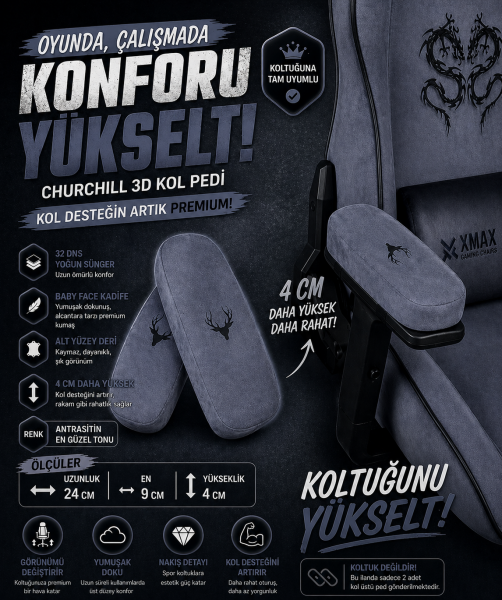 Churchill 3D Koltuk Kol Pedi Kadife Kumaş 32 DNS Yoğun Sünger Antrasit (Ergonomik Kol Destek)
