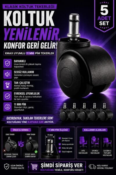 Ofis Koltuğu Tekerlek Seti 5 Adet – 11mm Pim Çaplı Bilgisayar Sandalye Tekerlekleri
