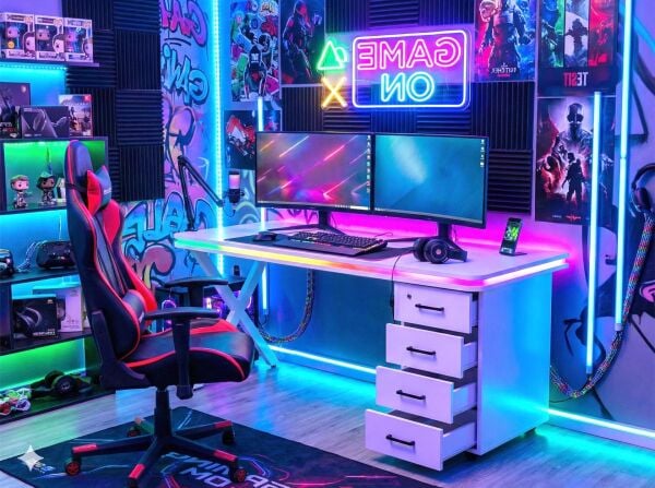 Bluetooth ARGB Işıklı Oyuncu Masası – XMAX Zyra Çekmeceli Beyaz MDF Gaming ve Çalışma Masası