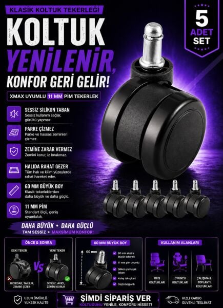 Ofis Koltuğu Silikon Tekerlek Seti 5 Adet – Kauçuk Poliüretan Bilgisayar Sandalyesi Tekeri Pim Çap 11 mm