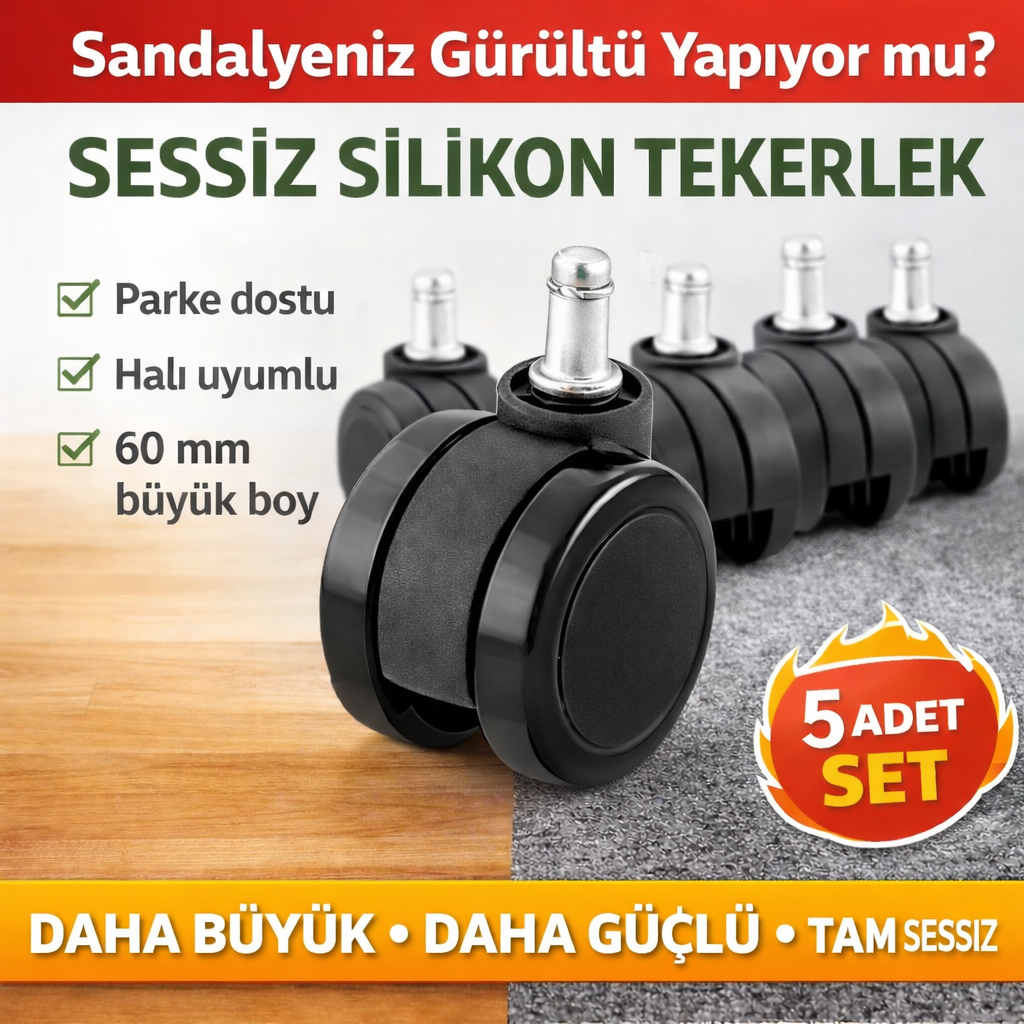 Ofis Koltuğu Silikon Tekerlek Seti 5 Adet – Kauçuk Poliüretan Bilgisayar Sandalyesi Tekeri Pim Çap 11 mm