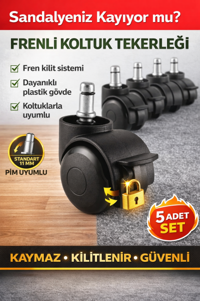 Frenli Ofis Koltuğu Tekerlek Seti 5 Adet – 11 mm Pim Çaplı Stop Özellikli Bilgisayar Sandalyesi Tekerlek