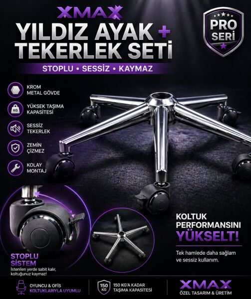 Oyuncu Koltuğu Yıldız Ayak + Tekerlek Seti | Stoplu Sistem | Krom Metal Gövde