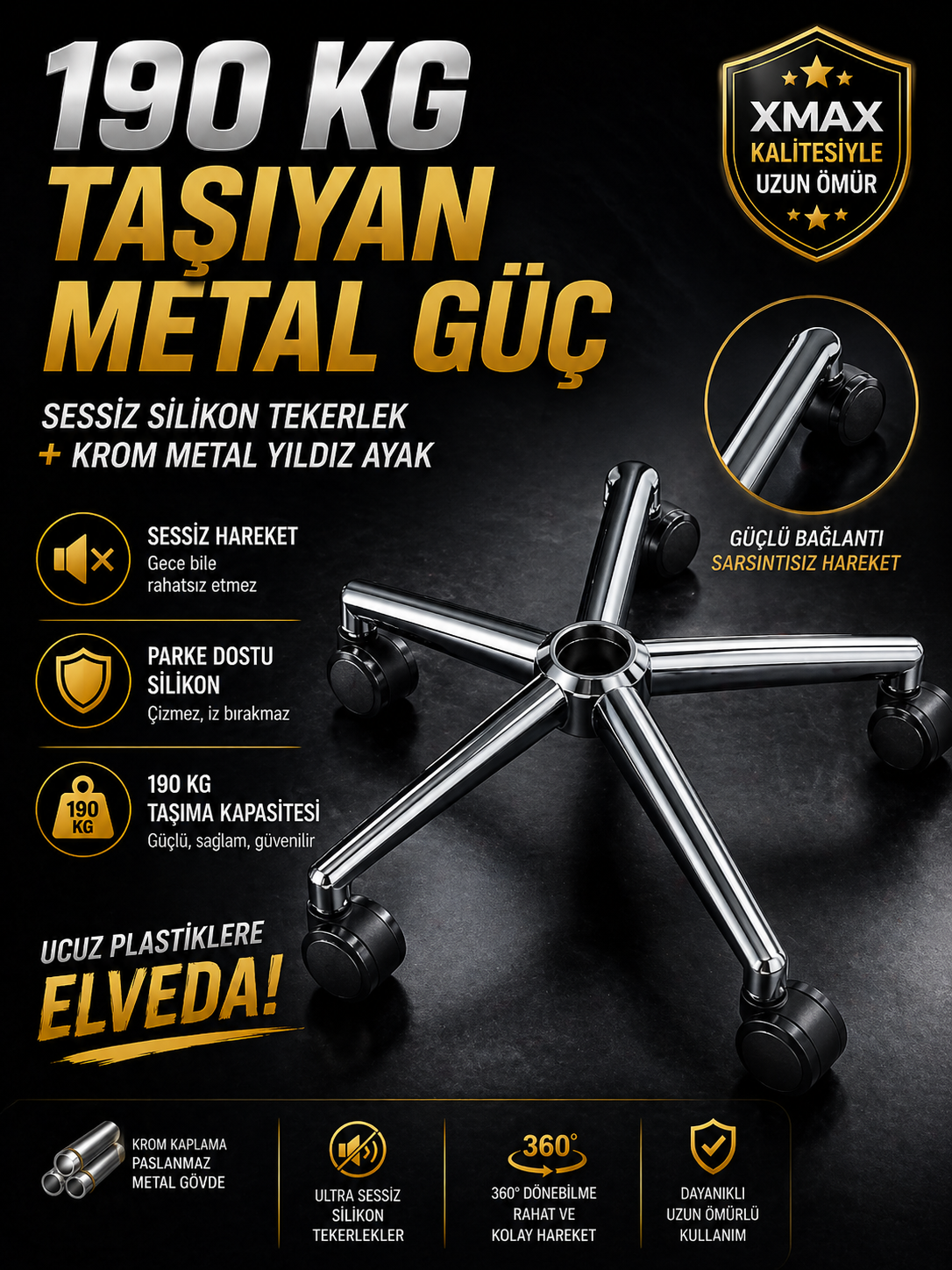 Yıldız Ayak + Tekerlek Seti | Silikon Tabanlı Sessiz | Krom Metal Gövde