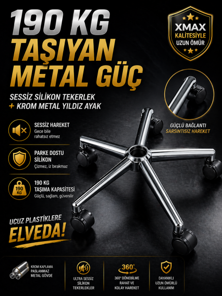 Yıldız Ayak + Tekerlek Seti | Silikon Tabanlı Sessiz | Krom Metal Gövde