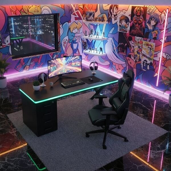 Bluetooth RGB Işıklı Oyuncu Masası – XMAX Zyra Çekmeceli Siyah MDF Gaming ve Çalışma Masası