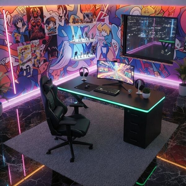 Bluetooth RGB Işıklı Oyuncu Masası – XMAX Zyra Çekmeceli Siyah MDF Gaming ve Çalışma Masası