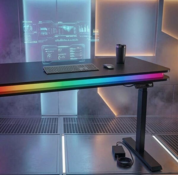 XMAX Zyra Çift Motorlu Elektrikli Yükseklik Ayarlı Masa – Bluetooth Rainbow RGB Işıklı Siyah MDF Oyuncu ve Çalışma Masası