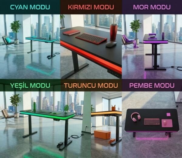 XMAX Zyra Çift Motorlu Elektrikli Yükseklik Ayarlı Masa – Bluetooth Rainbow RGB Işıklı Siyah MDF Oyuncu ve Çalışma Masası