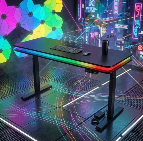 XMAX Zyra Çift Motorlu Elektrikli Yükseklik Ayarlı Masa – Bluetooth Rainbow RGB Işıklı Siyah MDF Oyuncu ve Çalışma Masası
