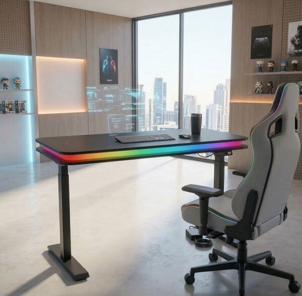 XMAX Zyra Çift Motorlu Elektrikli Yükseklik Ayarlı Masa – Bluetooth Rainbow RGB Işıklı Siyah MDF Oyuncu ve Çalışma Masası