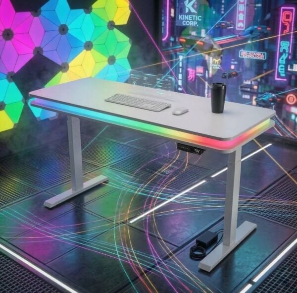 XMAX Zyra Çift Motorlu Elektrikli Yükseklik Ayarlı Masa – Bluetooth Rainbow ARGB Işıklı Beyaz MDF Oyuncu ve Çalışma Masası