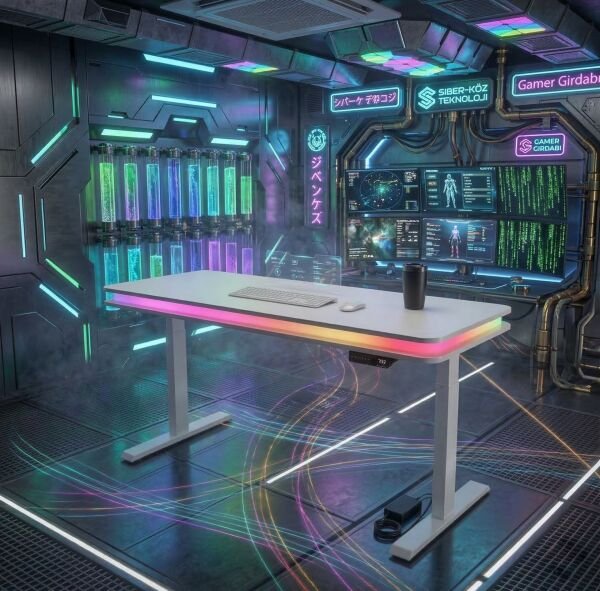 XMAX Zyra Çift Motorlu Elektrikli Yükseklik Ayarlı Masa – Bluetooth Rainbow RGB Işıklı Beyaz MDF Oyuncu ve Çalışma Masası