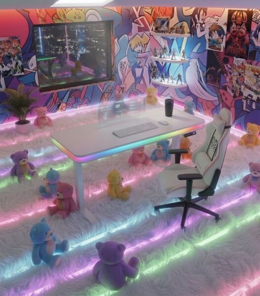 XMAX Zyra Çift Motorlu Elektrikli Yükseklik Ayarlı Masa – Bluetooth Rainbow RGB Işıklı Beyaz MDF Oyuncu ve Çalışma Masası