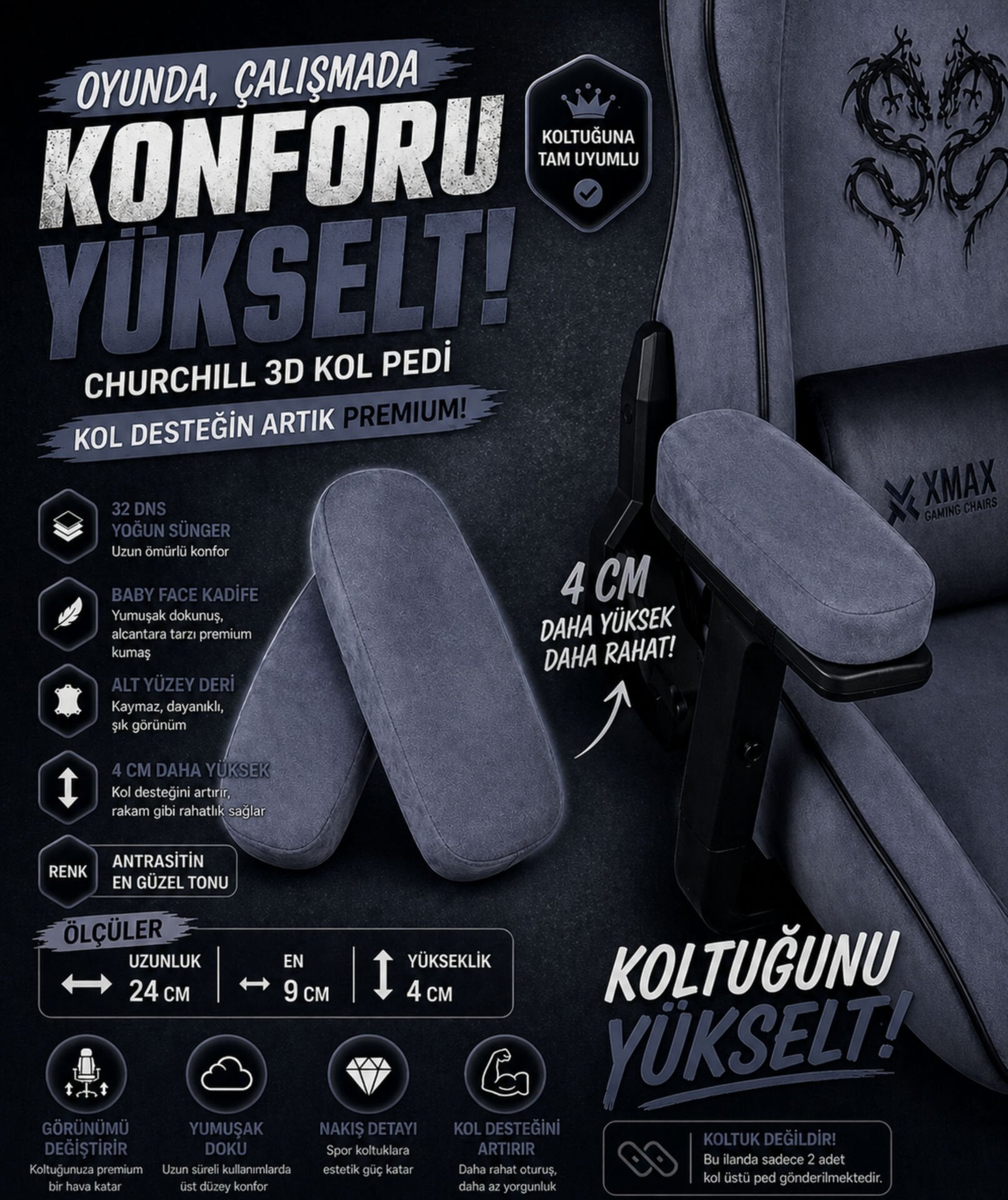 Churchill 3D Koltuk Kol Pedi Kadife Kumaş 32 DNS Yoğun Sünger Antrasit (Ergonomik Kol Destek)