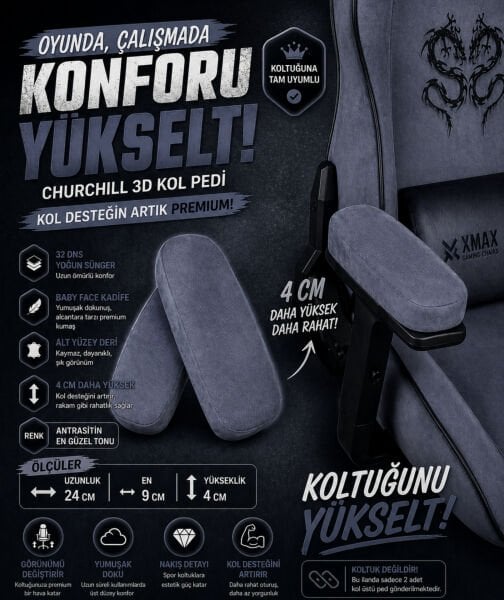 Churchill 3D Koltuk Kol Pedi Kadife Kumaş 32 DNS Yoğun Sünger Antrasit (Ergonomik Kol Destek)