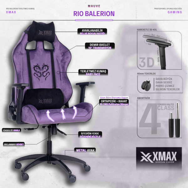 XMAX / Rio Balerion Mor/Siyah Kumaş Oyuncu Koltuğu / 100 KG Strong Carrier