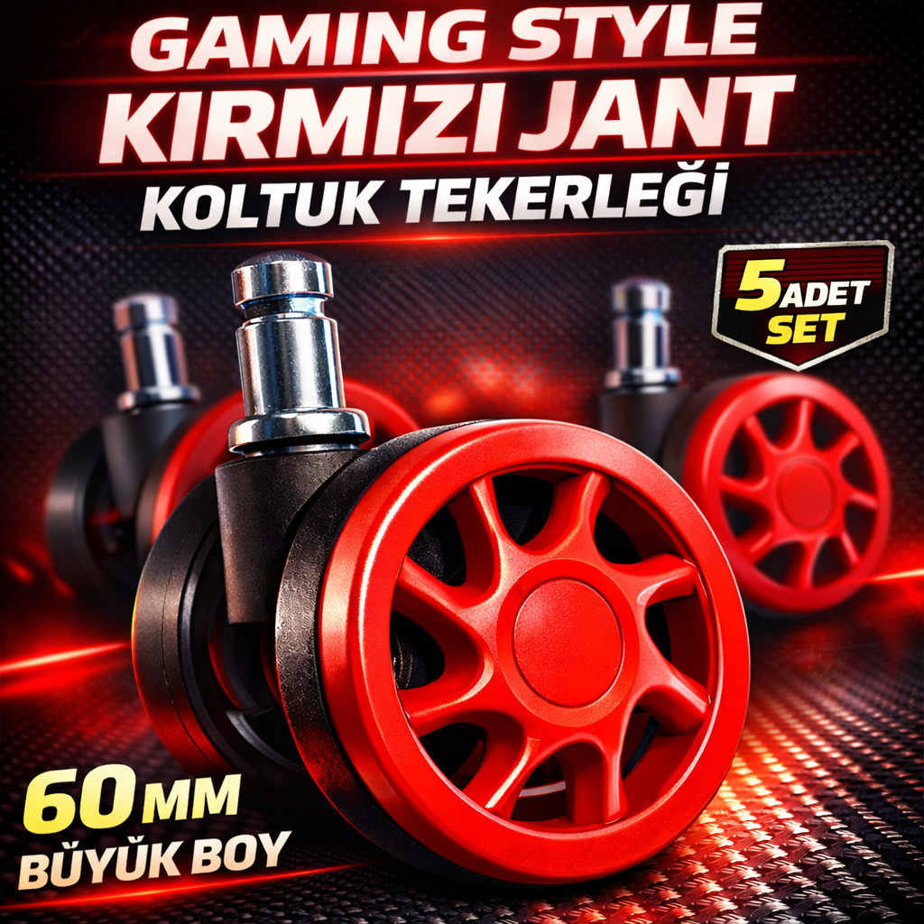 Jant Tasarımlı Ofis Koltuğu Tekerlek Seti 5 Adet – 11 mm Pim Çaplı Kırmızı Bilgisayar Sandalyesi Tekerlek