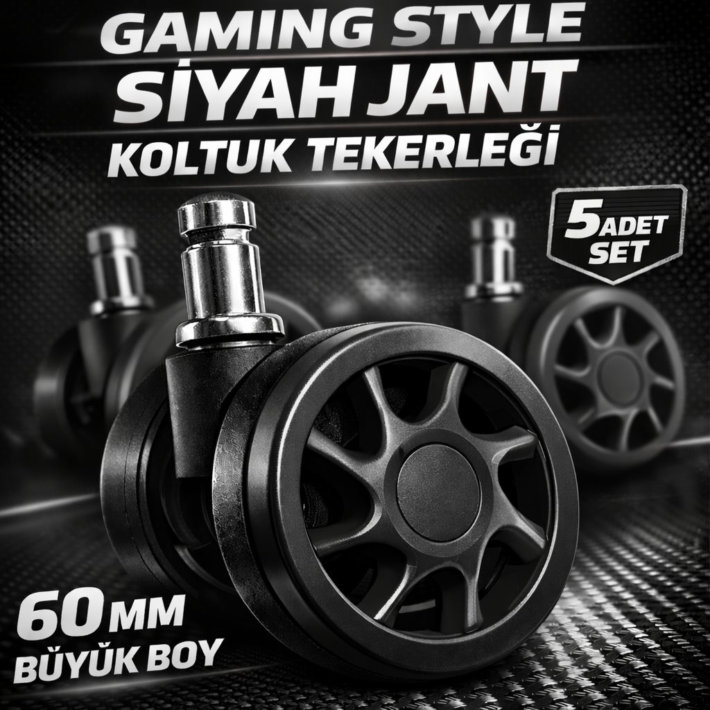 Jant Tasarımlı Ofis Koltuğu Tekerlek Seti 5 Adet – 11 mm Pim Çaplı Siyah Bilgisayar Sandalyesi Tekerlek