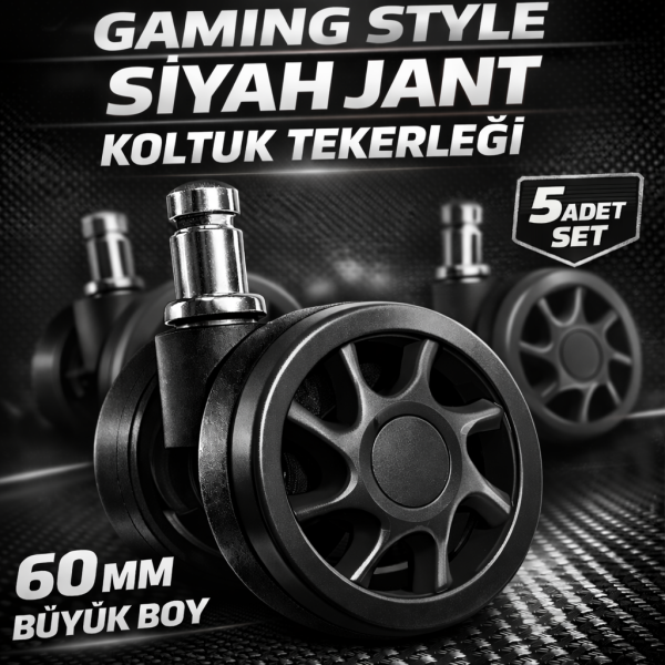 Jant Tasarımlı Ofis Koltuğu Tekerlek Seti 5 Adet – 11 mm Pim Çaplı Siyah Bilgisayar Sandalyesi Tekerlek