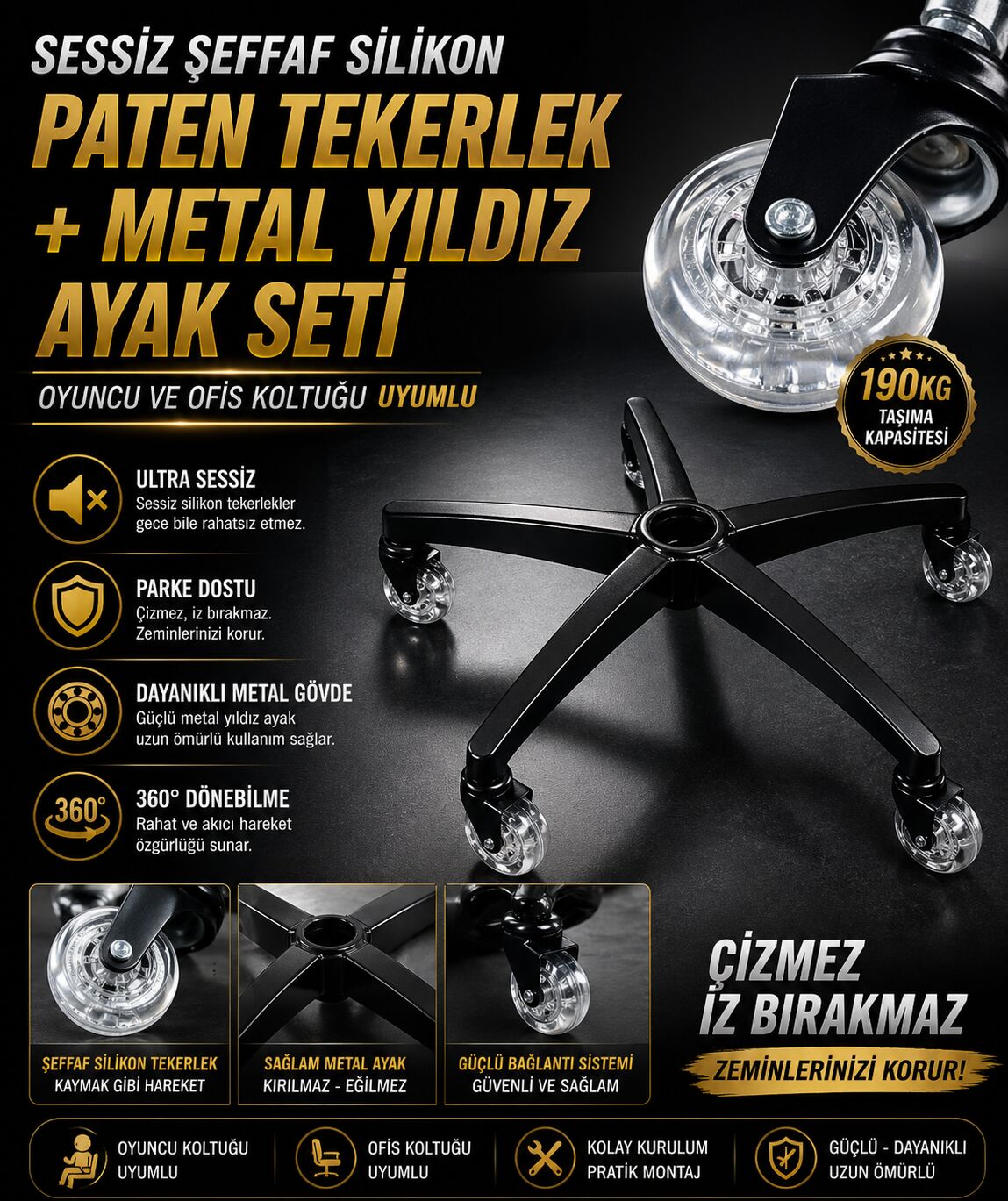 Sessiz Şeffaf Silikon Paten Tekerlek + Metal Yıldız Ayak Seti | Oyuncu ve Ofis Koltuğu Uyumlu | Çizmez, İz Bırakmaz