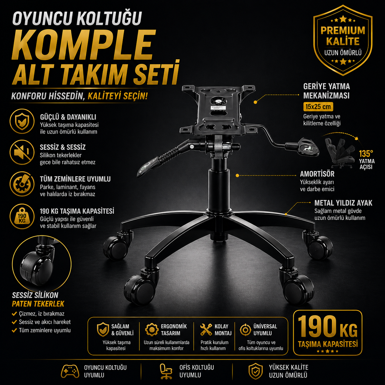 Oyuncu Koltuğu Komple Alt Takım Seti – Mekanizma  (15x25 cm) + Amortisör + Metal Ayak + Silikon Tekerlek