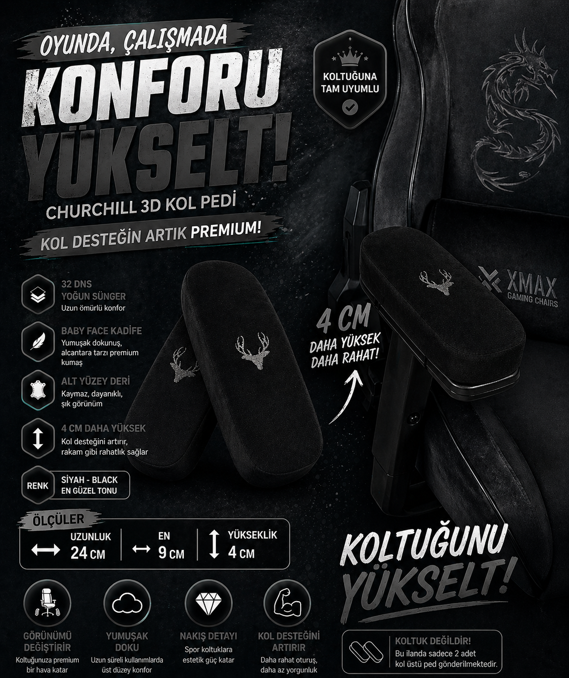 Churchill 3D Koltuk Kol Pedi Kadife Kumaş 32 DNS Yoğun Sünger Siyah (Ergonomik Kol Destek)