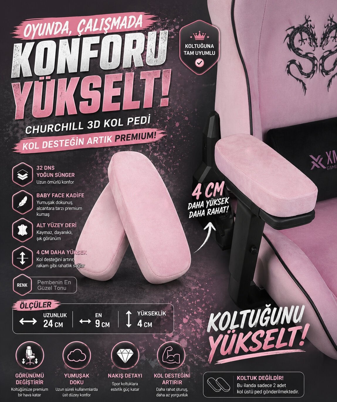 Churchill 3D Koltuk Kol Pedi Kadife Kumaş 32 DNS Yoğun Sünger Pembe (Ergonomik Kol Destek)