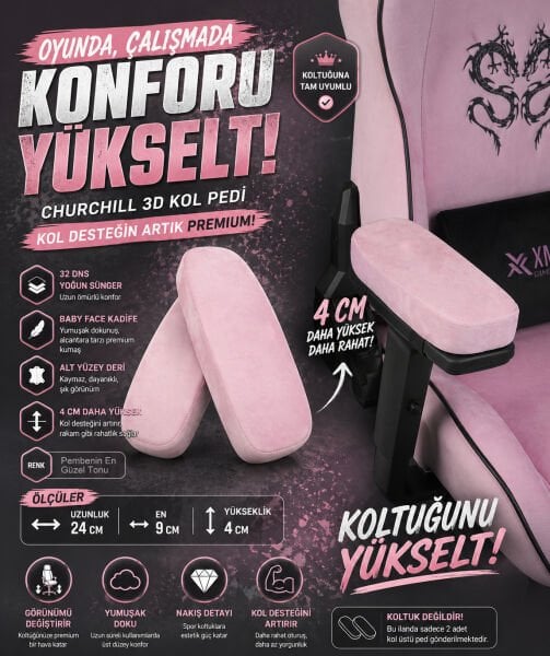 Churchill 3D Koltuk Kol Pedi Kadife Kumaş 32 DNS Yoğun Sünger Pembe (Ergonomik Kol Destek)