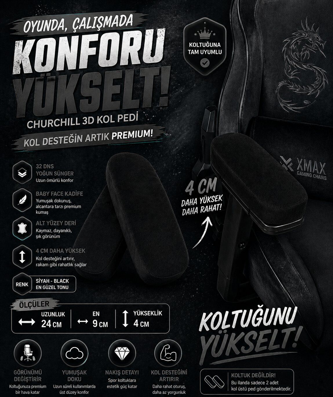 Churchill 3D Koltuk Kol Pedi Kadife Kumaş 32 DNS Yoğun Sünger Siyah (Ergonomik Kol Destek)