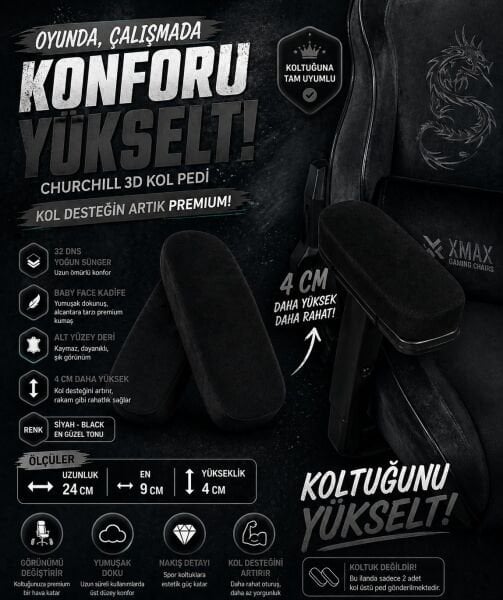 Churchill 3D Koltuk Kol Pedi Kadife Kumaş 32 DNS Yoğun Sünger Siyah (Ergonomik Kol Destek)