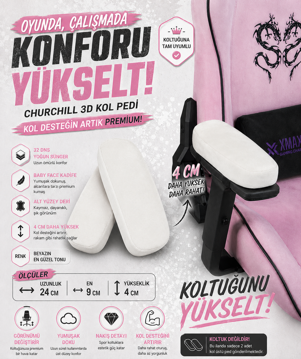 Churchill 3D Koltuk Kol Pedi Kadife Kumaş 32 DNS Yoğun Sünger Beyaz (Ergonomik Kol Destek)