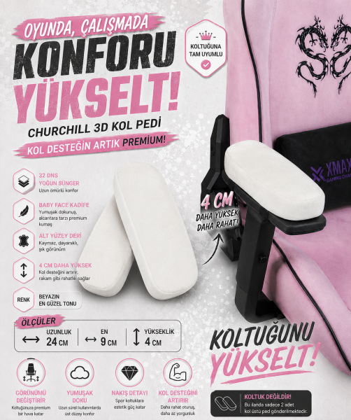 Churchill 3D Koltuk Kol Pedi Kadife Kumaş 32 DNS Yoğun Sünger Beyaz (Ergonomik Kol Destek)