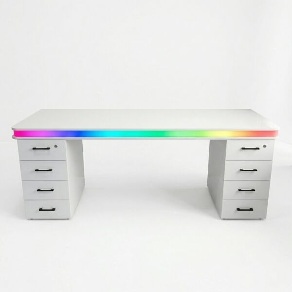 Bluetooth RGB Işıklı Oyuncu Masası – XMAX Zyra Çift Çekmeceli Beyaz MDF Gaming ve Çalışma Masası