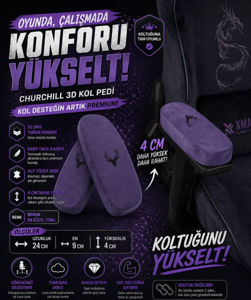 Churchill 3D Koltuk Kol Pedi Kadife Kumaş 32 DNS Yoğun Sünger Mor (Ergonomik Kol Destek)