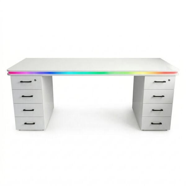 Bluetooth RGB Işıklı Oyuncu Masası – XMAX Zyra Çift Çekmeceli Beyaz MDF Gaming ve Çalışma Masası