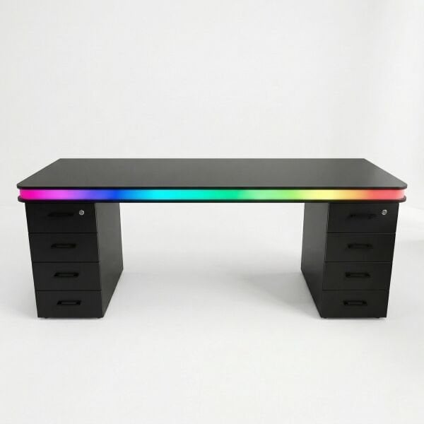 Bluetooth RGB Işıklı Oyuncu Masası – XMAX Zyra Çift Çekmeceli Siyah MDF Gaming ve Çalışma Masası