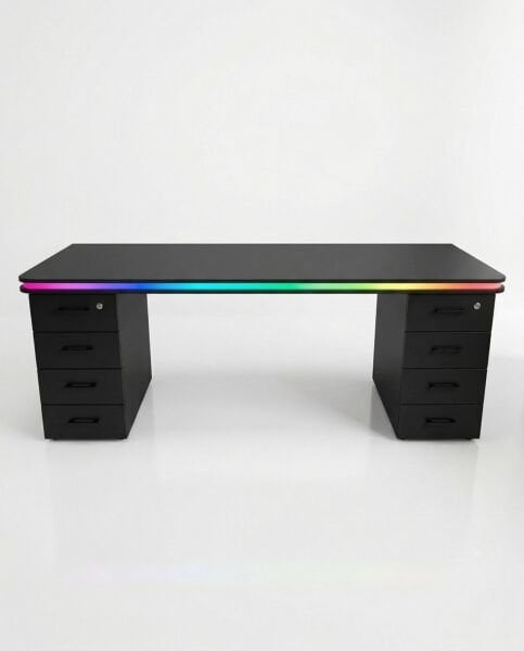 Bluetooth RGB Işıklı Oyuncu Masası – XMAX Zyra Çift Çekmeceli Siyah MDF Gaming ve Çalışma Masası