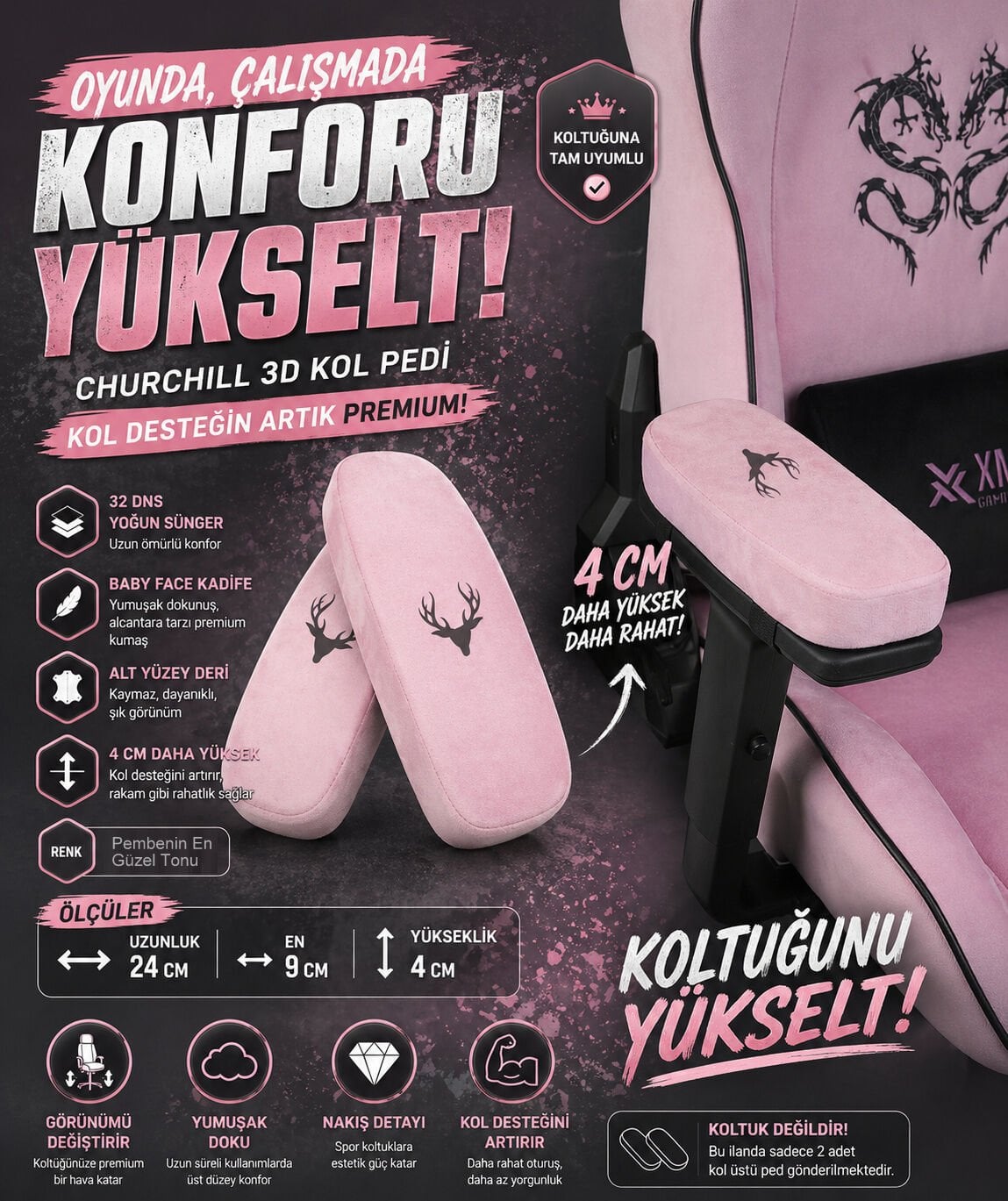 Churchill 3D Koltuk Kol Pedi Kadife Kumaş 32 DNS Yoğun Sünger Pembe (Ergonomik Kol Destek)