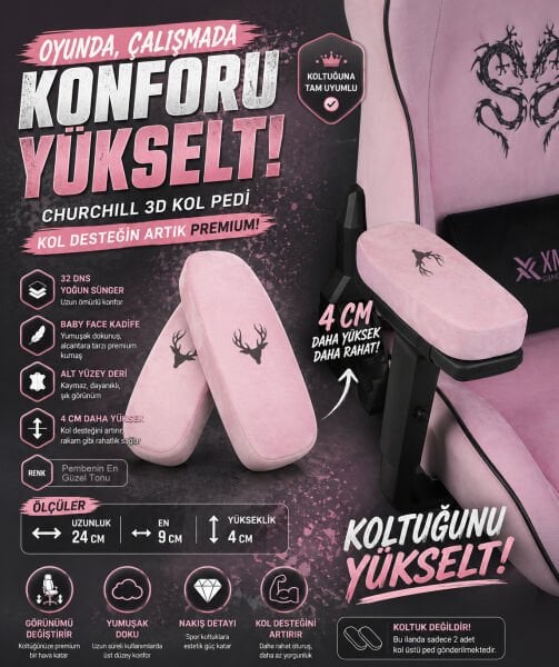 Churchill 3D Koltuk Kol Pedi Kadife Kumaş 32 DNS Yoğun Sünger Pembe (Ergonomik Kol Destek)