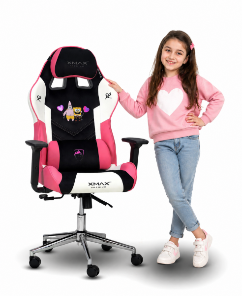 Pembe Çocuk Oyuncu Koltuğu XMAX Mini Rio | Sünger Bob ve Patrick Desenli, 85 Kg Taşıyan Ergonomik Gaming Koltuk