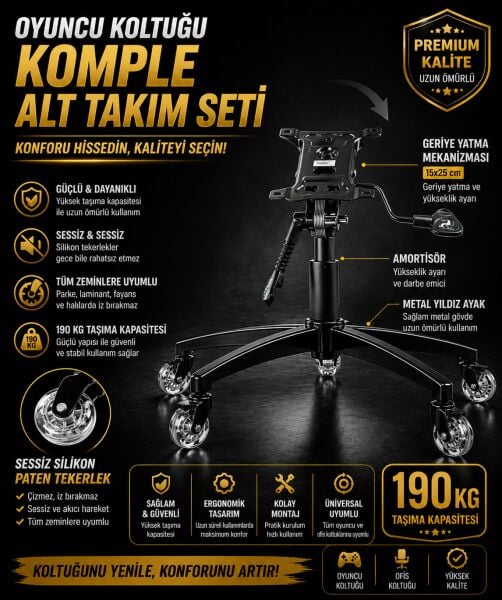 Oyuncu Koltuğu Komple Alt Takım Seti – Mekanizma  (15x25 cm) + Amortisör + Metal Ayak + Şefffaf Silikon Tekerlek