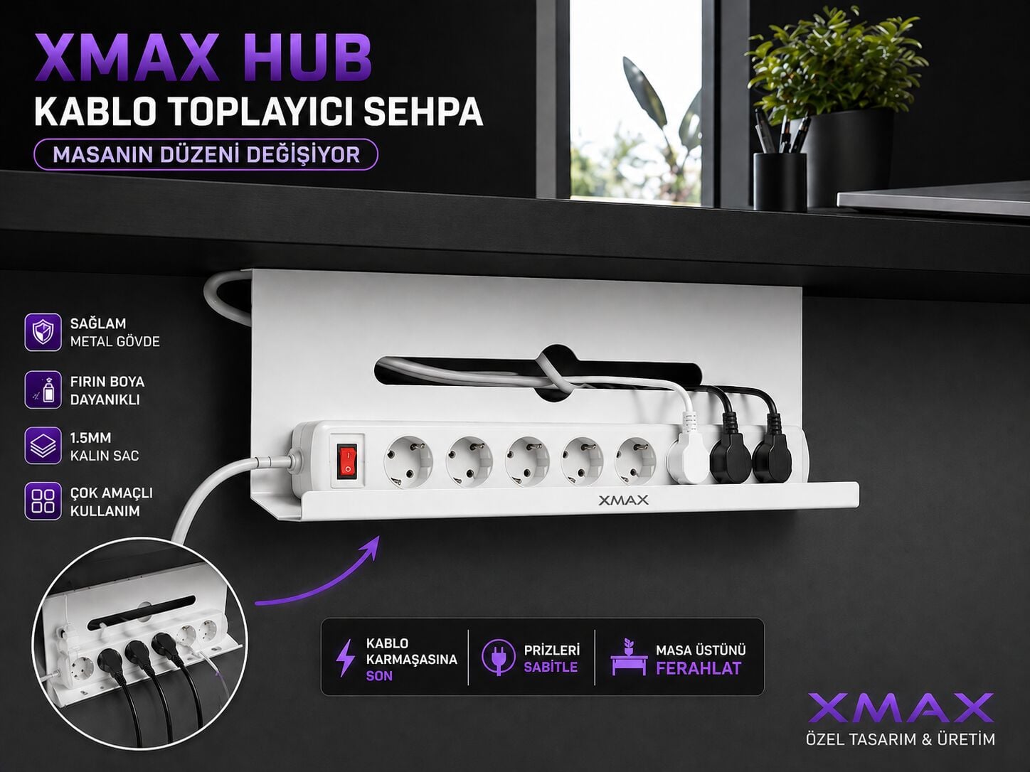 XMAX HUB 50 CM Kablo Toplayıcı Sehpa – Beyaz Metal Çok Amaçlı Priz Düzenleyici