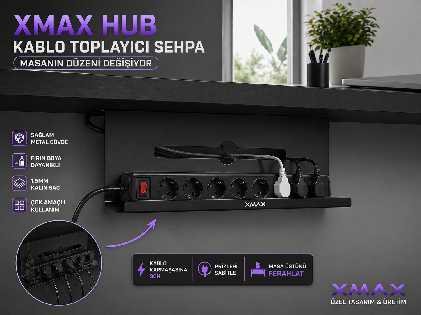 XMAX HUB 50 CM Kablo Toplayıcı Sehpa – Siyah Metal Çok Amaçlı Priz Düzenleyici