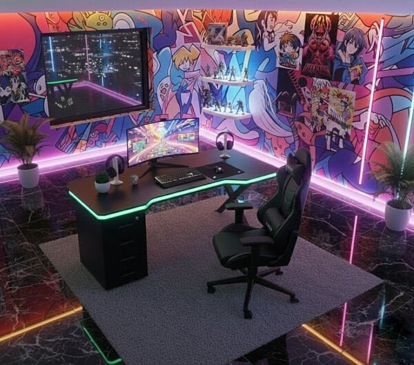 XMAX Zyra 200x80cm Işıklı Çekmeceli Siyah MDF Çalışma Yada Oyun Masası