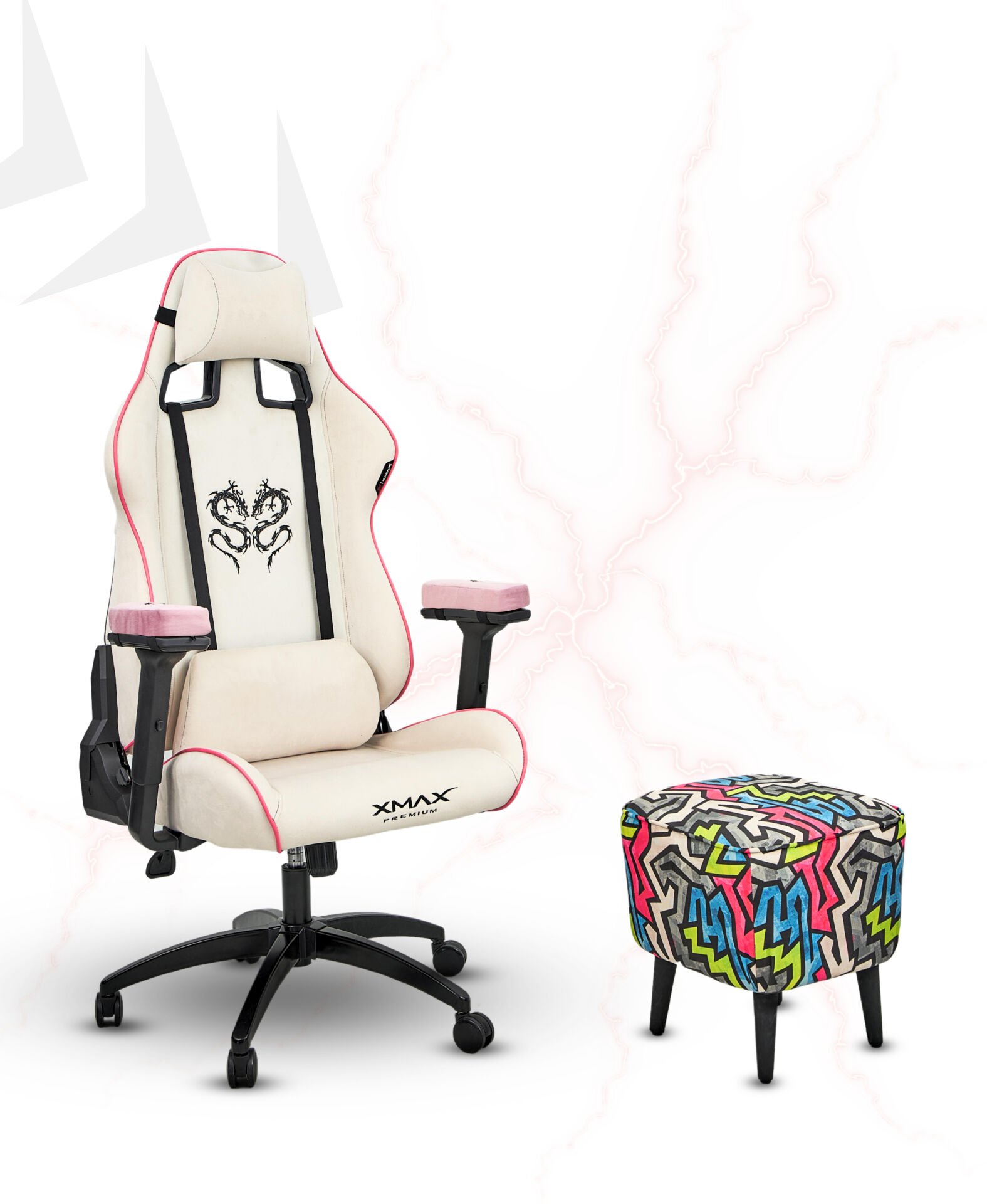 XMAX NO NAME / Rio Plus Beyaz Kumaş Oyuncu Koltuğu - Ayak Uzatmalı Puf - Kol Pedi 3'Ü BİR ARADA PAKET