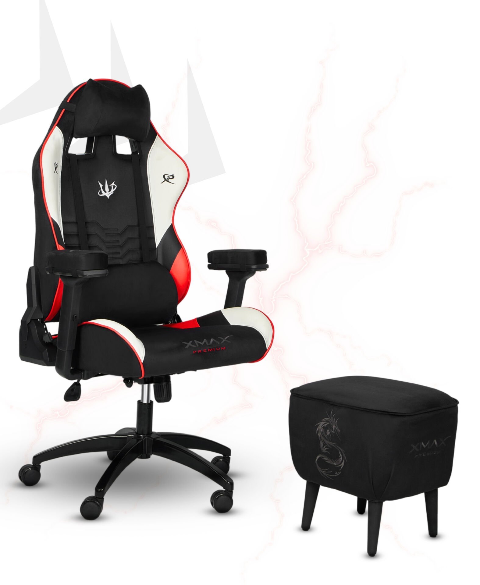 XMAX NO NAME / Rio Kırmızı Siyah Kumaş Oyuncu Koltuğu - Ayak Uzatmalı Puf - Kol Pedi 3'Ü BİR ARADA PAKET