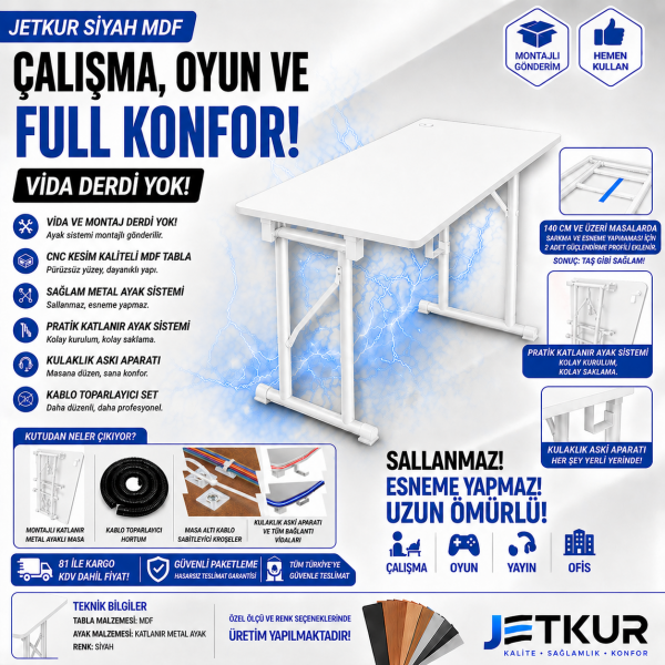 JetKur Beyaz MDF Bilgisayar Oyuncu Masası Sallanmaz Metal Ayaklı - Vida Derdi Yok