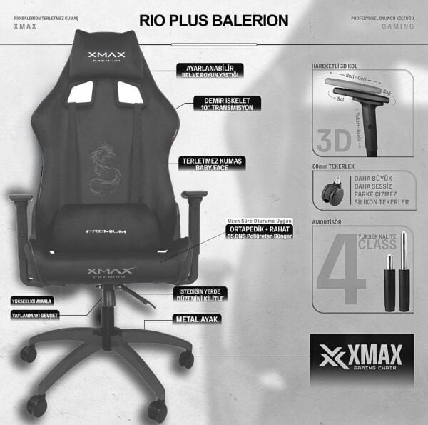 XMAX / Rio Plus Balerion Terletmez Kadife Kumaş Koyu Gri Gaming Oyuncu Koltuğu / 120 Kg Taşır